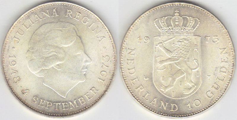 1973 Netherlands silver 10 Gulden (Unc) A000058